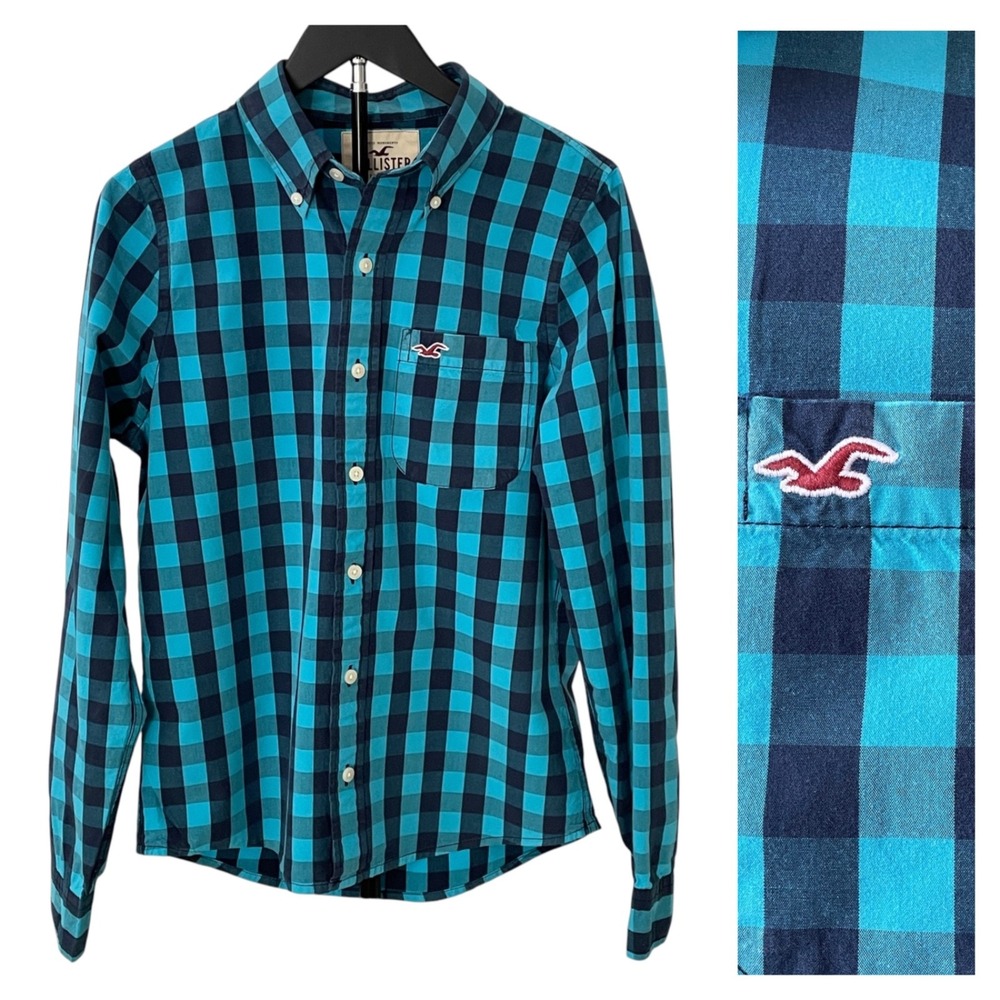 Hollister Mens Medium Blue & Aqua Plaid Button Down LS CLEAN